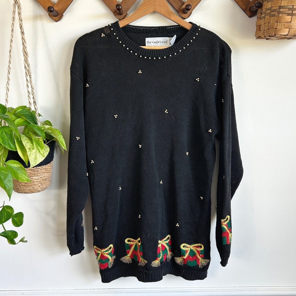 The Eagle's Eye Vintage Christmas Sweater Black Beaded Embroidered Presents